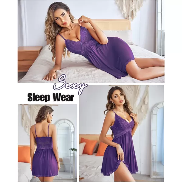 Avidlove Women Babydoll Nightgown Chemises Lace Modal Sleepwear VNeck Full Slip Sleep DressPurple