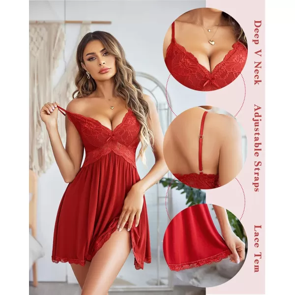 Avidlove Women Babydoll Nightgown Chemises Lace Modal Sleepwear VNeck Full Slip Sleep DressRed