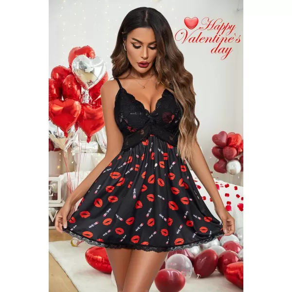 Avidlove Women Babydoll Nightgown Chemises Lace Modal Sleepwear VNeck Full Slip Sleep DressRed Lip