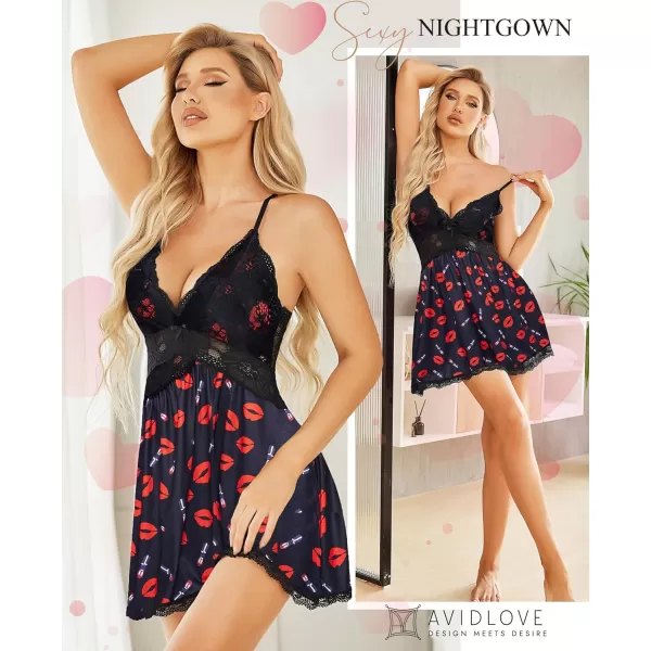 Avidlove Women Babydoll Nightgown Chemises Lace Modal Sleepwear VNeck Full Slip Sleep DressRed Lip