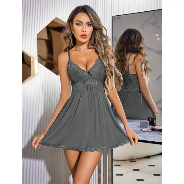 Avidlove Women Babydoll Nightgown Chemises Lace Modal Sleepwear VNeck Full Slip Sleep DressWdark Gray