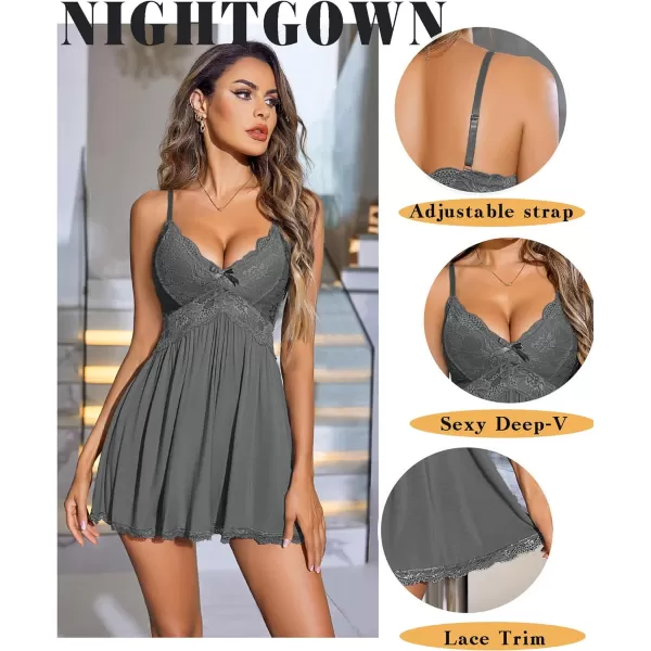 Avidlove Women Babydoll Nightgown Chemises Lace Modal Sleepwear VNeck Full Slip Sleep DressWdark Gray