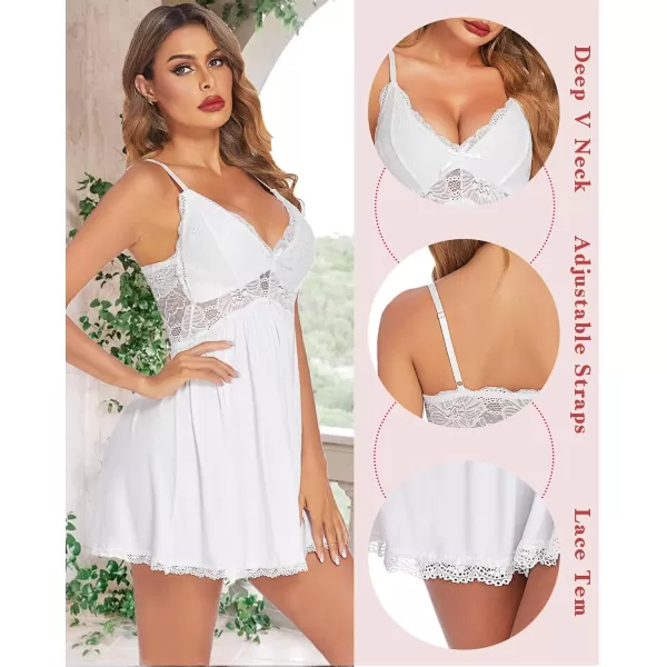 Avidlove Women Babydoll Nightgown Chemises Lace Modal Sleepwear VNeck Full Slip Sleep DressWhite