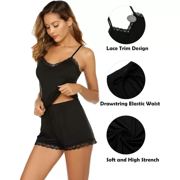 Avidlove Women Cami Pajama Set Modal Sleepwear Lace Trim Short PJ Set with Shorts1black