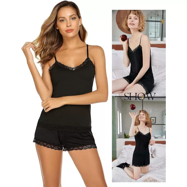 Avidlove Women Cami Pajama Set Modal Sleepwear Lace Trim Short PJ Set with Shorts1black