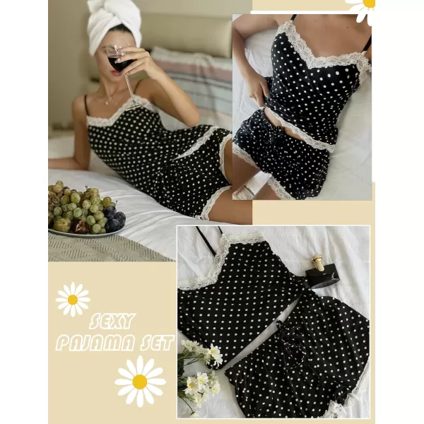 Avidlove Women Cami Pajama Set Modal Sleepwear Lace Trim Short PJ Set with ShortsBlack White Dot