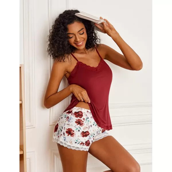 Avidlove Women Cami Pajama Set Modal Sleepwear Lace Trim Short PJ Set with ShortsRed Flower