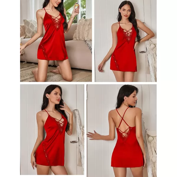 Avidlove Women Chemise Lingerie Satin Lace Nightgown Lace Babydoll Sleepwear Dress1red