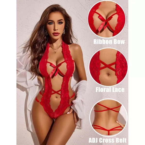 Avidlove Women Deep V Halter Lingerie Teddy One Piece Bodysuit Lace Babydoll1 Ared