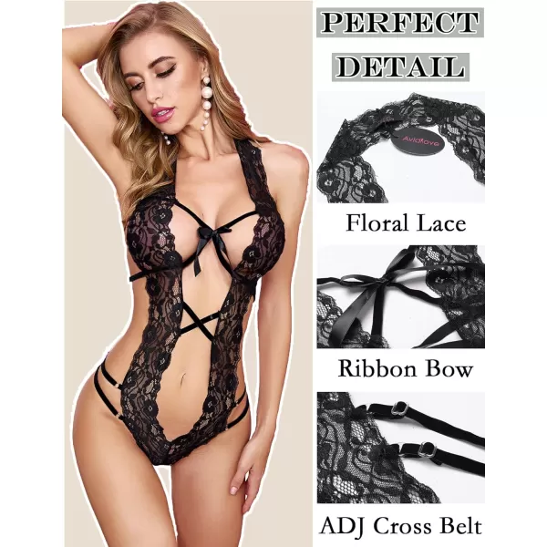 Avidlove Women Deep V Halter Lingerie Teddy One Piece Bodysuit Lace Babydoll1 Black