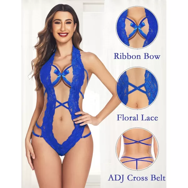 Avidlove Women Deep V Halter Lingerie Teddy One Piece Bodysuit Lace Babydoll1blue