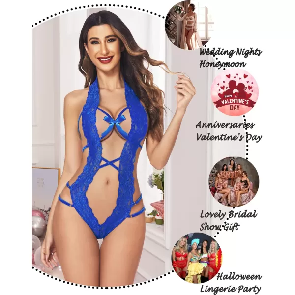 Avidlove Women Deep V Halter Lingerie Teddy One Piece Bodysuit Lace Babydoll1blue