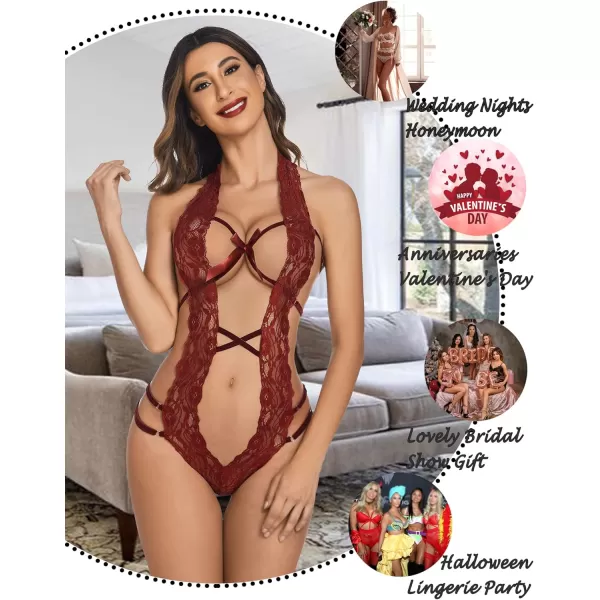 Avidlove Women Deep V Halter Lingerie Teddy One Piece Bodysuit Lace Babydoll1dark Red