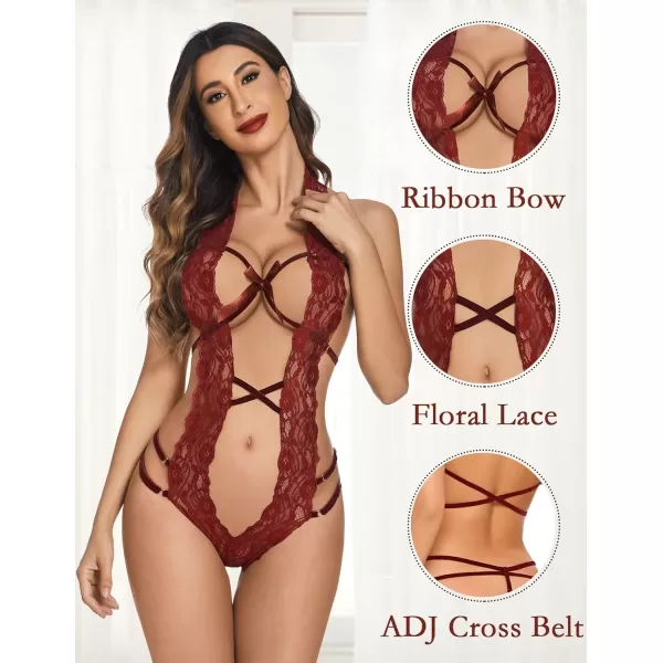 Avidlove Women Deep V Halter Lingerie Teddy One Piece Bodysuit Lace Babydoll1dark Red