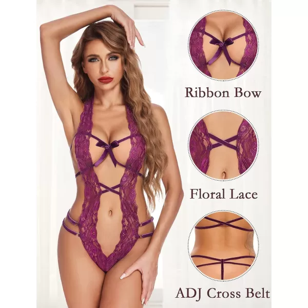 Avidlove Women Deep V Halter Lingerie Teddy One Piece Bodysuit Lace Babydoll1purple