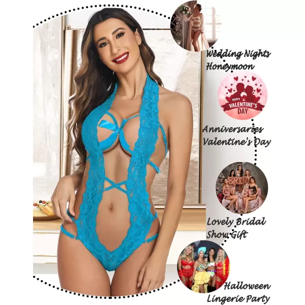 Avidlove Women Deep V Halter Lingerie Teddy One Piece Bodysuit Lace Babydoll1sky Blue