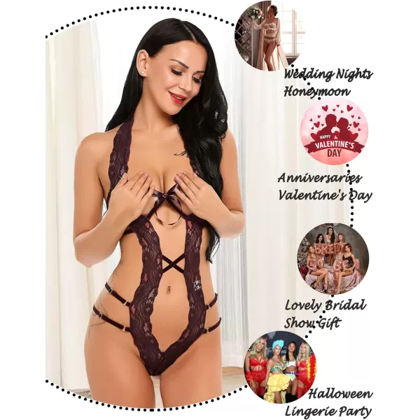 Avidlove Women Deep V Halter Lingerie Teddy One Piece Bodysuit Lace Babydoll1wineberry