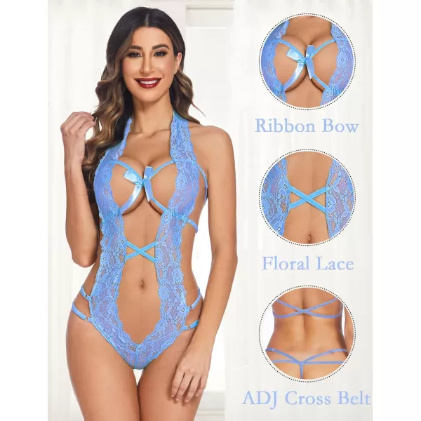 Avidlove Women Deep V Halter Lingerie Teddy One Piece Bodysuit Lace BabydollAiry Blue