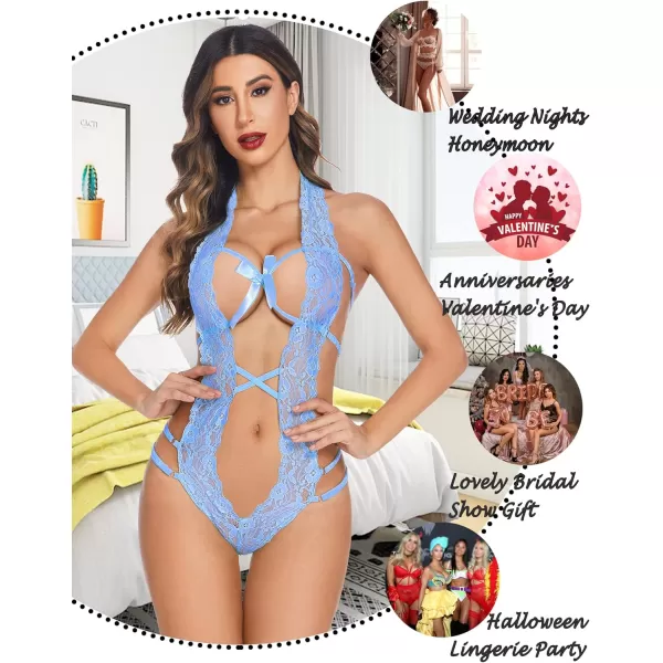 Avidlove Women Deep V Halter Lingerie Teddy One Piece Bodysuit Lace BabydollAiry Blue