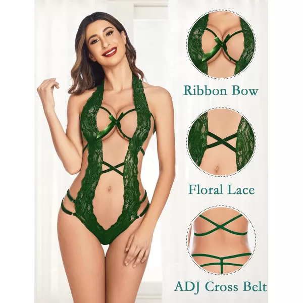 Avidlove Women Deep V Halter Lingerie Teddy One Piece Bodysuit Lace BabydollArmy Green