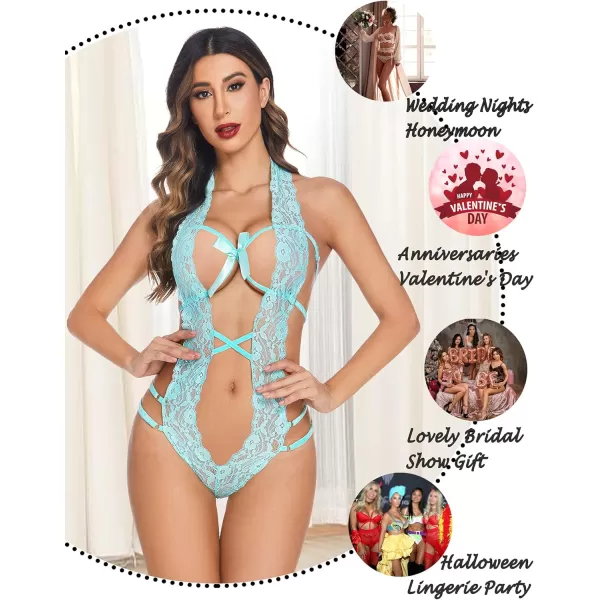 Avidlove Women Deep V Halter Lingerie Teddy One Piece Bodysuit Lace BabydollBaby Blue