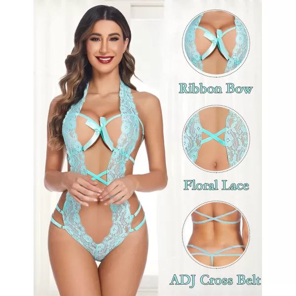 Avidlove Women Deep V Halter Lingerie Teddy One Piece Bodysuit Lace BabydollBaby Blue