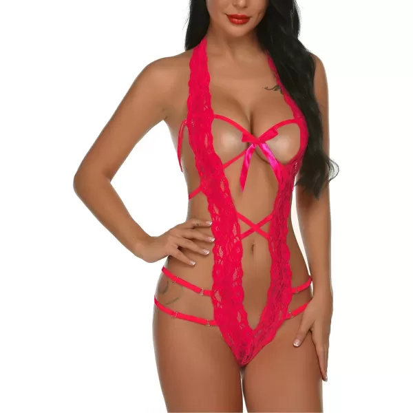 Avidlove Women Deep V Halter Lingerie Teddy One Piece Bodysuit Lace BabydollHot Pink