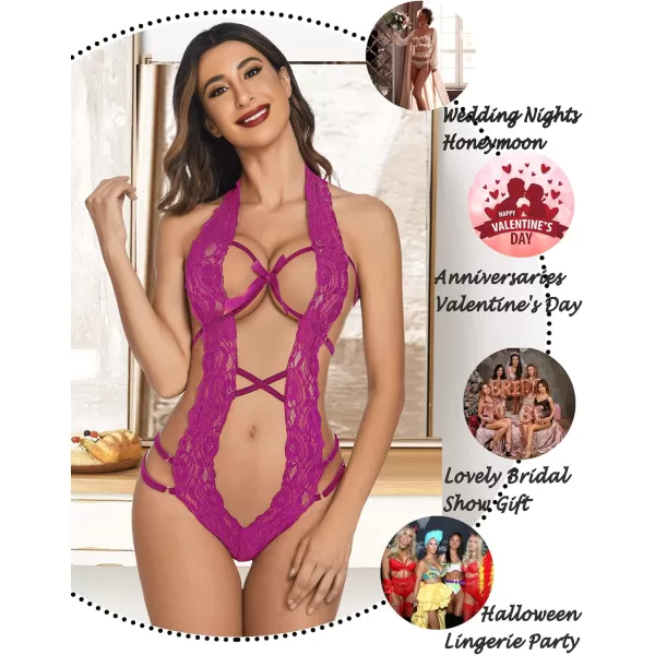 Avidlove Women Deep V Halter Lingerie Teddy One Piece Bodysuit Lace BabydollJam Purple