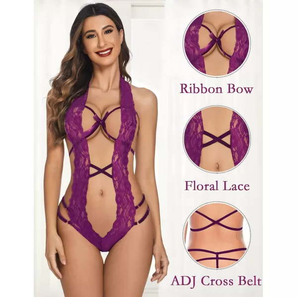 Avidlove Women Deep V Halter Lingerie Teddy One Piece Bodysuit Lace BabydollLavender