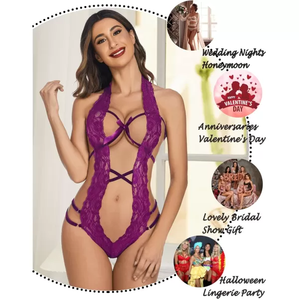 Avidlove Women Deep V Halter Lingerie Teddy One Piece Bodysuit Lace BabydollLavender