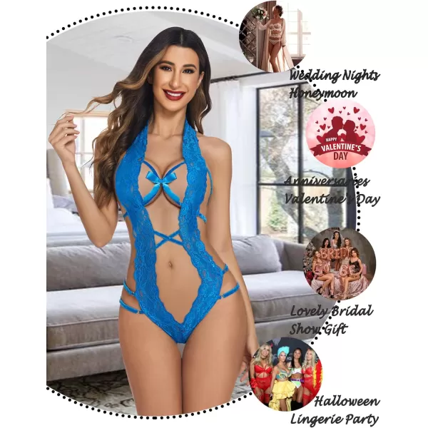 Avidlove Women Deep V Halter Lingerie Teddy One Piece Bodysuit Lace BabydollLight Blue