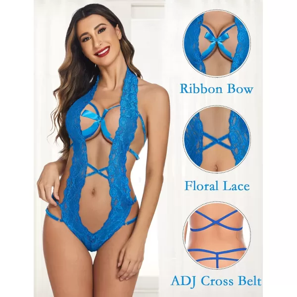 Avidlove Women Deep V Halter Lingerie Teddy One Piece Bodysuit Lace BabydollLight Blue