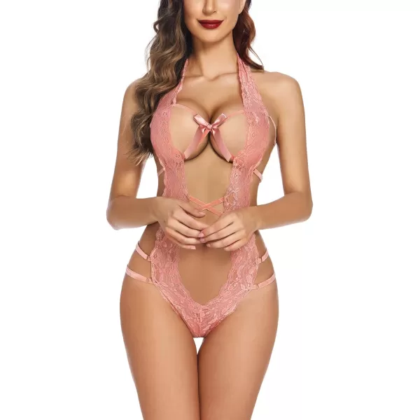 Avidlove Women Deep V Halter Lingerie Teddy One Piece Bodysuit Lace BabydollLight Pink