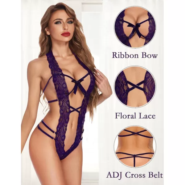 Avidlove Women Deep V Halter Lingerie Teddy One Piece Bodysuit Lace BabydollLilac Purple