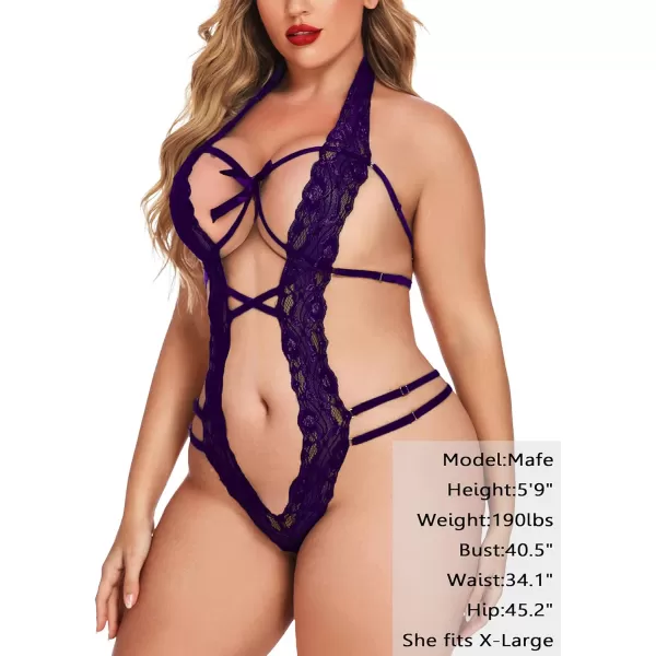 Avidlove Women Deep V Halter Lingerie Teddy One Piece Bodysuit Lace BabydollLilac Purple