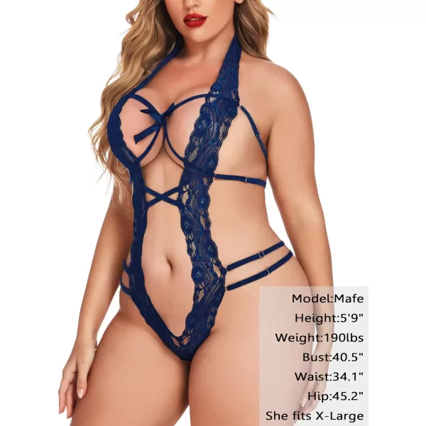 Avidlove Women Deep V Halter Lingerie Teddy One Piece Bodysuit Lace BabydollNavy Blue