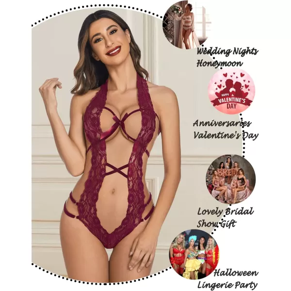 Avidlove Women Deep V Halter Lingerie Teddy One Piece Bodysuit Lace BabydollPurple Red