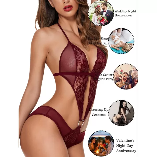 Avidlove Women Deep V Lingerie Lace Teddy One Piece Babydoll Mini BodysuitDark Red