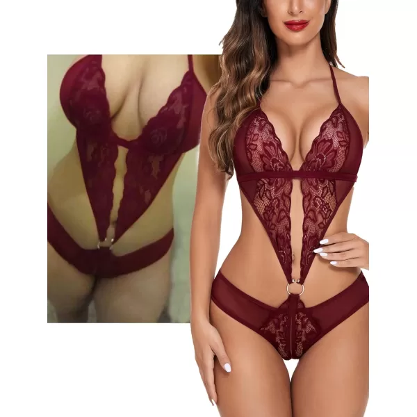 Avidlove Women Deep V Lingerie Lace Teddy One Piece Babydoll Mini BodysuitDark Red