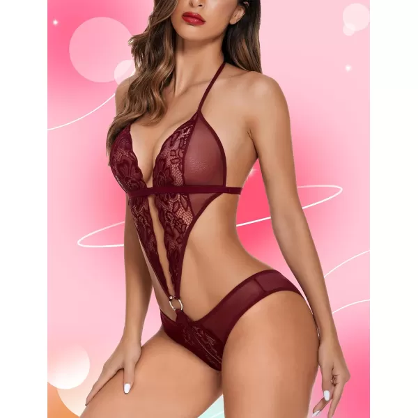 Avidlove Women Deep V Lingerie Lace Teddy One Piece Babydoll Mini BodysuitDark Red