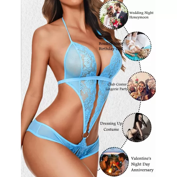 Avidlove Women Deep V Lingerie Lace Teddy One Piece Babydoll Mini BodysuitLight Blue