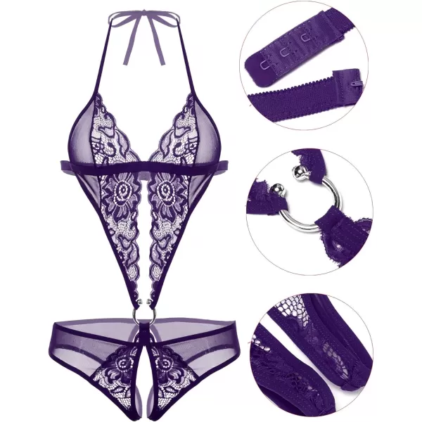 Avidlove Women Deep V Lingerie Lace Teddy One Piece Babydoll Mini BodysuitPurple