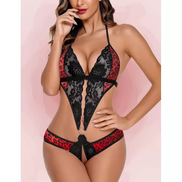 Avidlove Women Deep V Lingerie Lace Teddy One Piece Babydoll Mini BodysuitRed Leopard Print