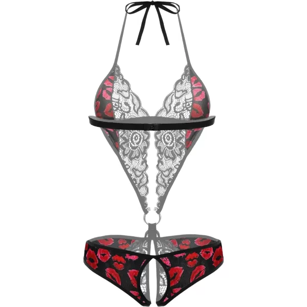 Avidlove Women Deep V Lingerie Lace Teddy One Piece Babydoll Mini BodysuitRed Lip Print