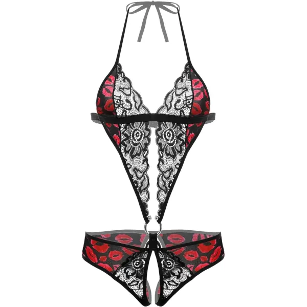 Avidlove Women Deep V Lingerie Lace Teddy One Piece Babydoll Mini BodysuitRed Lip Print