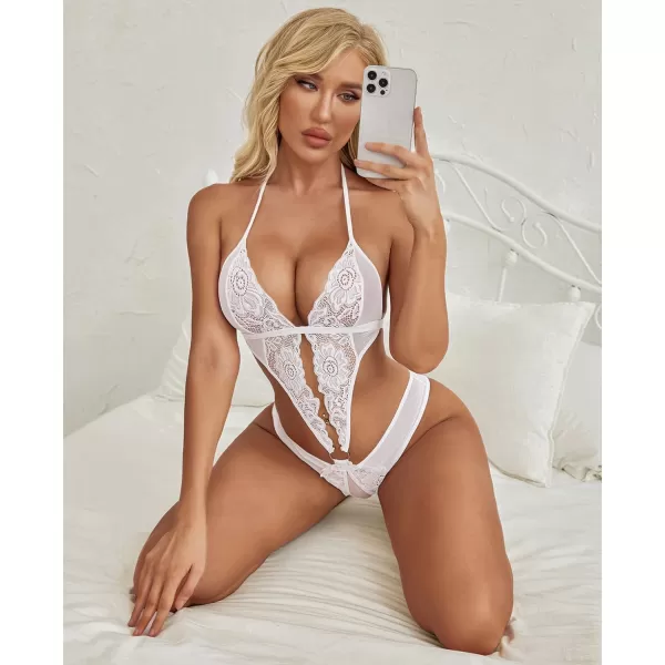 Avidlove Women Deep V Lingerie Lace Teddy One Piece Babydoll Mini BodysuitWhite