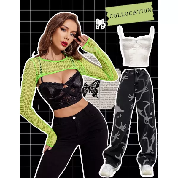 Avidlove Women Fishnet Long Sleeve Crop Top See Through Shirt Sheer Blouse Sexy OutfitsNeon Green