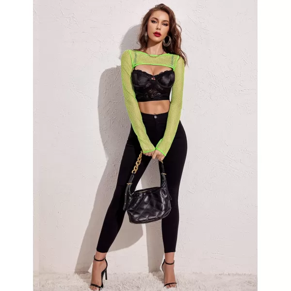 Avidlove Women Fishnet Long Sleeve Crop Top See Through Shirt Sheer Blouse Sexy OutfitsNeon Green