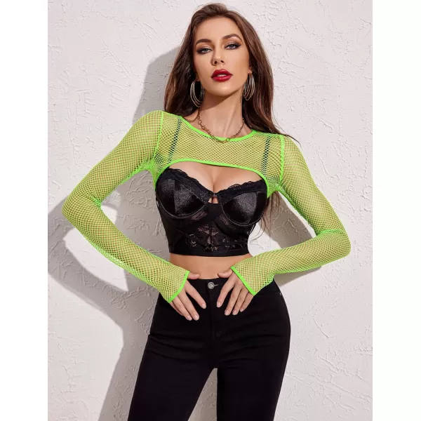 Avidlove Women Fishnet Long Sleeve Crop Top See Through Shirt Sheer Blouse Sexy OutfitsNeon Green