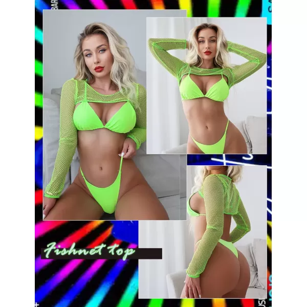 Avidlove Women Fishnet Long Sleeve Crop Top See Through Shirt Sheer Blouse Sexy OutfitsNeon Green